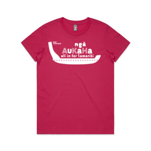 Ngā Aukaha All in for Tamariki waka T-shirt (Womans purple)