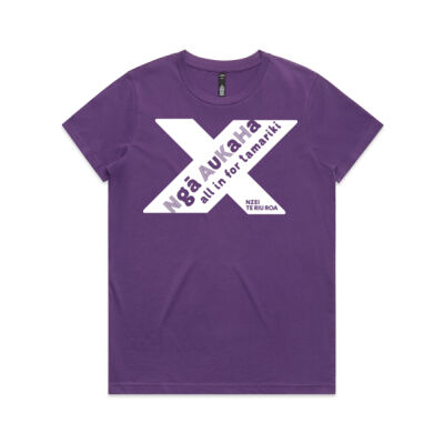 Ngā Aukaha All in for Tamariki logo T-shirt (Womans purple) Thumbnail