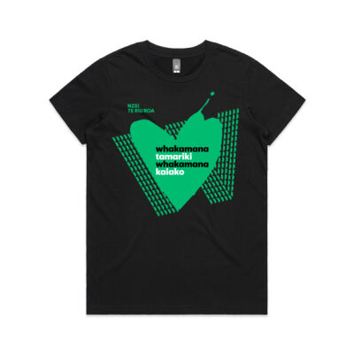 Whakamana-Kaiako-Heart-T’shirt (Womans Black) Thumbnail